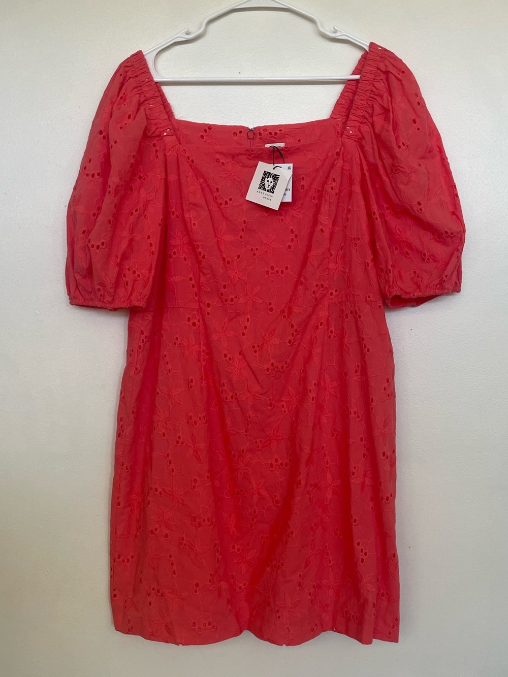 Anne Klein Coral Eyelet Square-Neck Puff Sleeve Dress